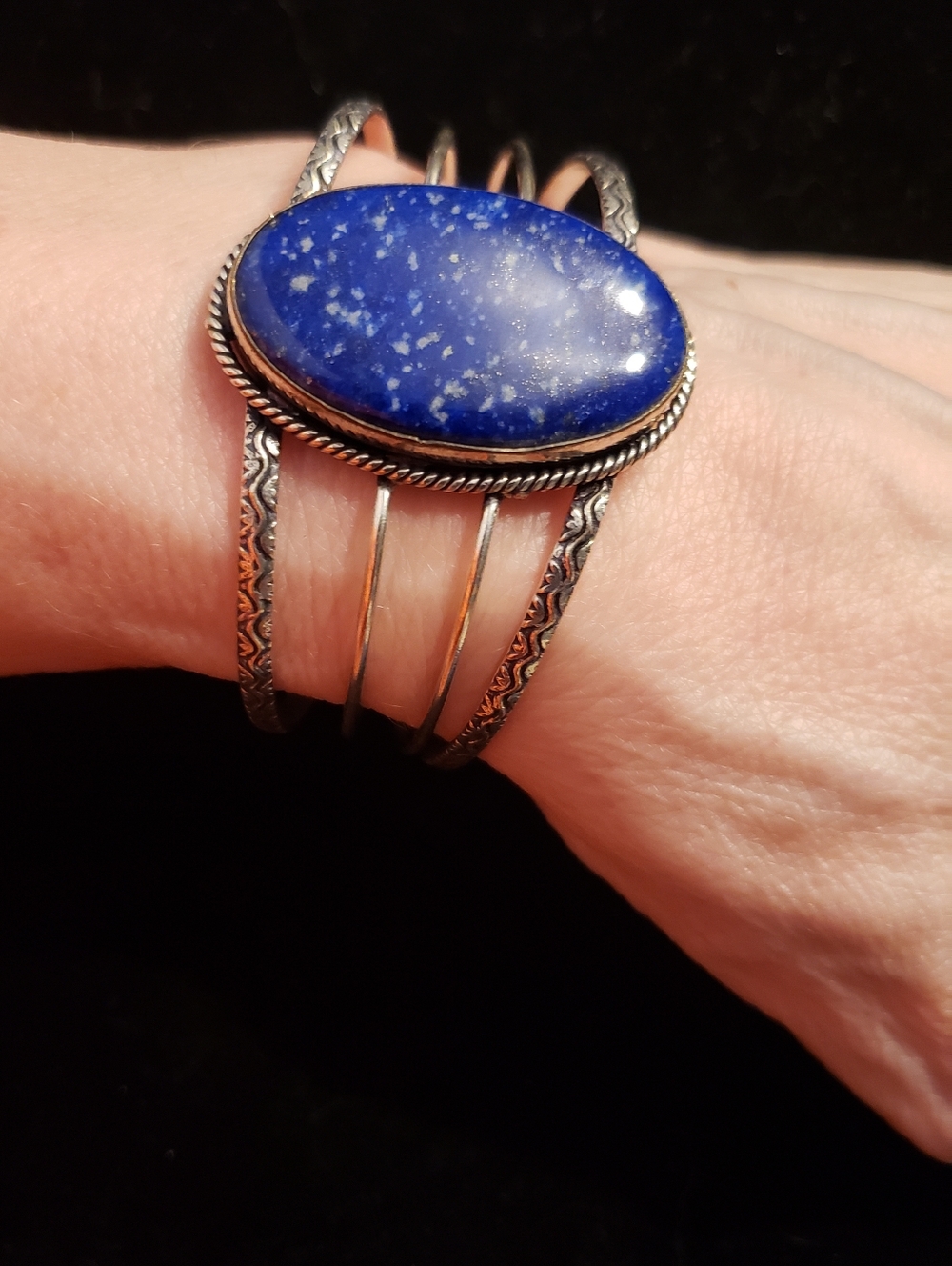 NEW Lapis Lazuli & 925 Stamped Silver Adjustable Cuff Bracelet. Boho Standout! - Picture 7 of 7